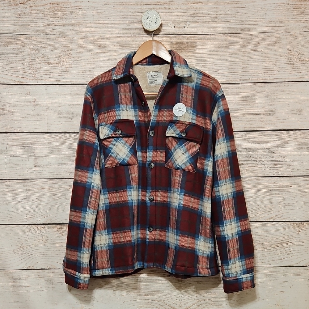 NWT Nomad Brick Red Blue Plaid Flannel Button-Up Sherpa Lined Jacket Medium